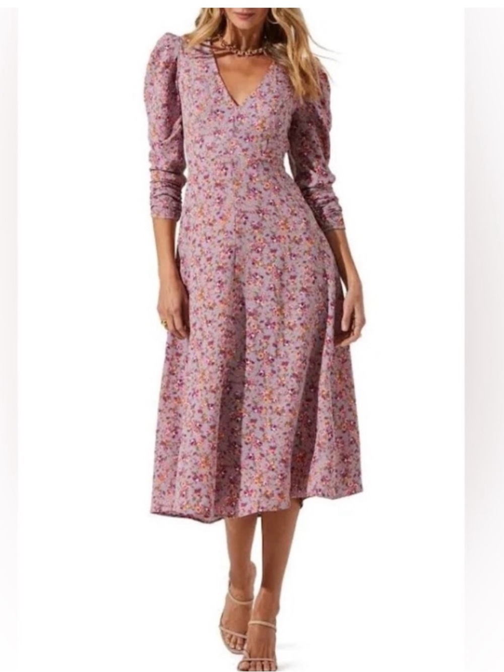 ASTR the Label Puff Sleeve V-Neck Back Cutout
Midi Dress, purple peach floral XL